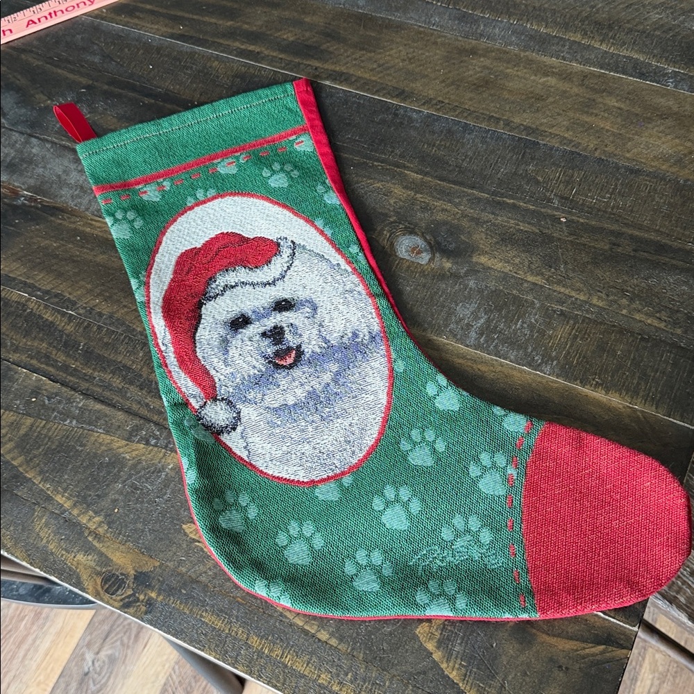 Bichon Frise Christmas Stocking Dog w Santa Hat Paw Print 19" Fireplace Decor